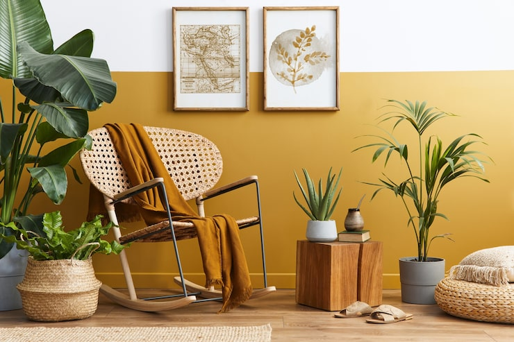 1 a cozy corner with a rattan rocking chair, mustard yellow blanket, various green plants, two framed artworks, and bohemian decor elements
