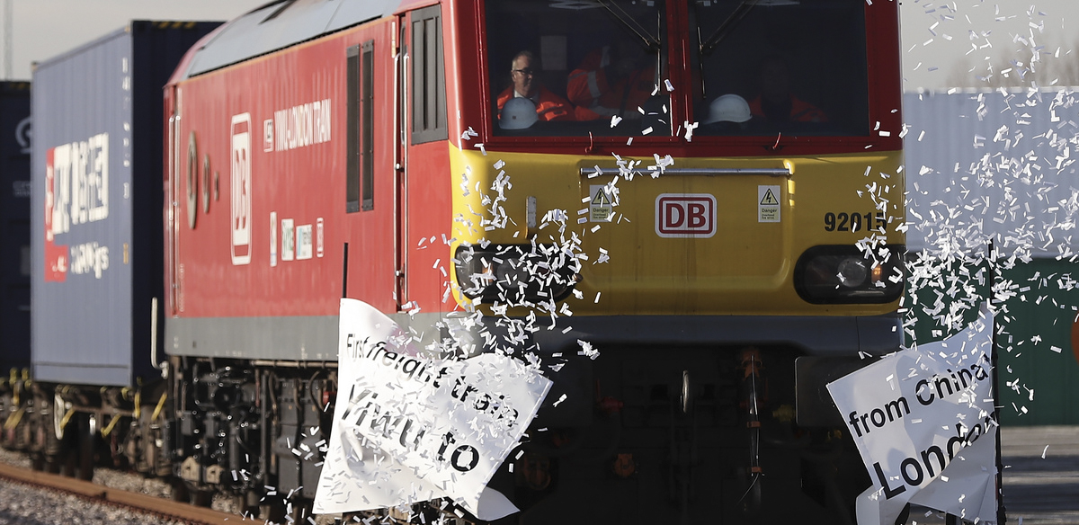 The train, which began its journey in Yiwu, China, pulls into a rail freight terminal on Wednesday in London, after traveling for 16 days — across about 7,456 miles and nine countrie