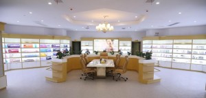 Cosmetic store interior with product displays