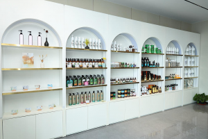 Cosmetic store shelves with products