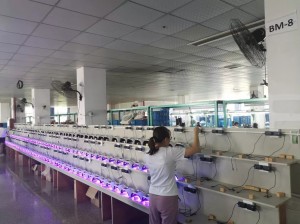 Factory worker testing UV nail lamps