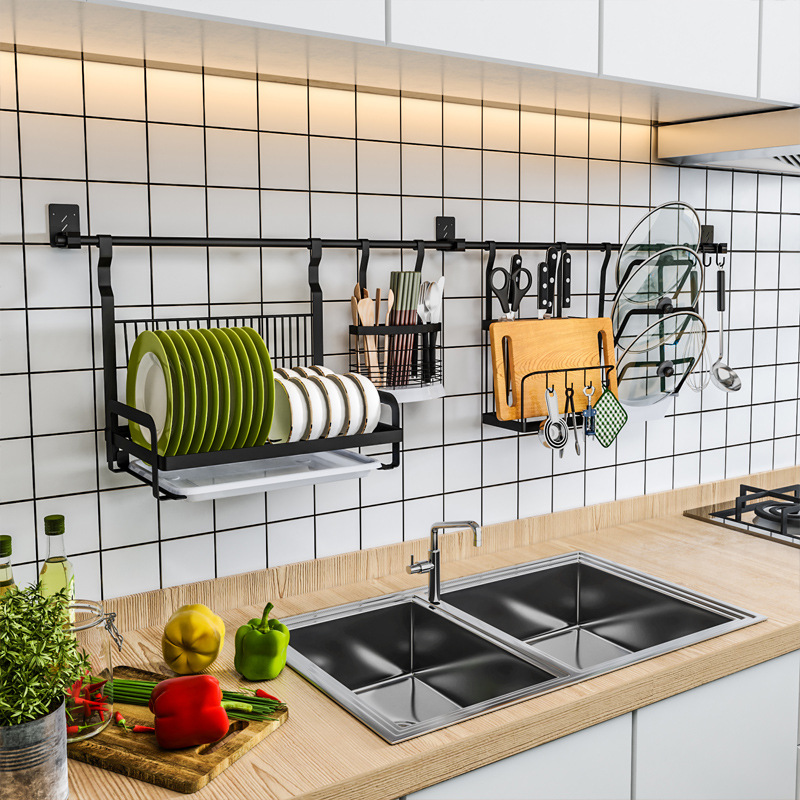 Stainless Steel Kitchen Shelf Free Perforated Wall Hanging Rod Storage