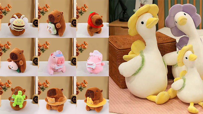 Plush capybaras and plush geese