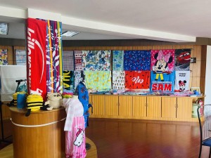 Store interior with various colorful printed textiles