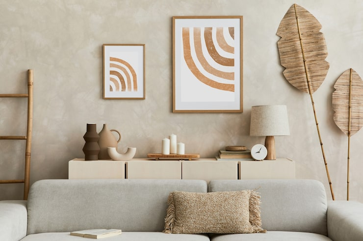 a bohemian style living room corner with a light gray sofa, textured pillow, two framed artworks, decorative vases, candles, a lamp, and large dried leaves as decor