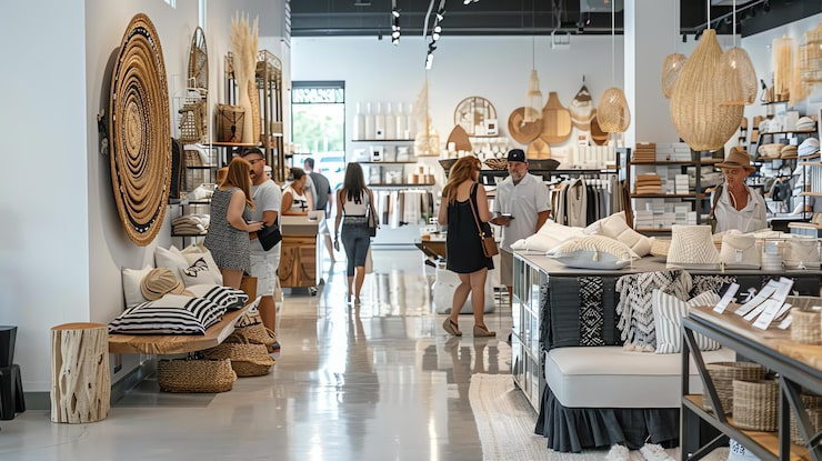 a home decor store with bohemian style items, customers browsing, woven wall art, rattan lights, and various textiles and pillows on display