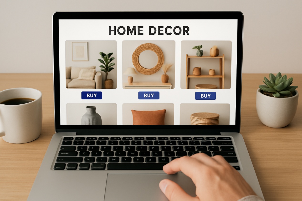 a laptop displaying a home decor online store with various items, a coffee cup, and a succulent plant on a wooden desk