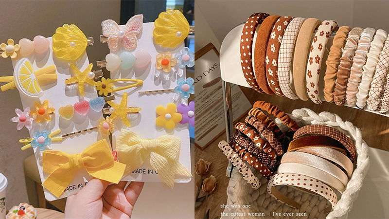 headband and brightly colored hair clips