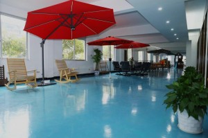 interior space with blue floor red umbrellas wooden chairs and green plants