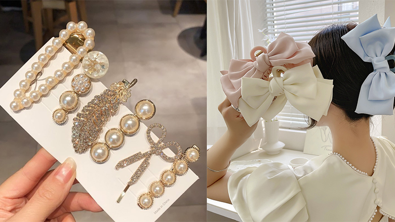 pearl and diamond hair clips and large bow claw clips