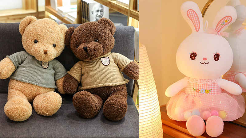 teddy bears and plush bunnies