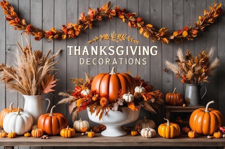 thanksgiving decorations with pumpkins fall foliage and a sign against a wooden background